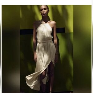 ZARA satin effect maxi halter Godess Style dress in soft gold M